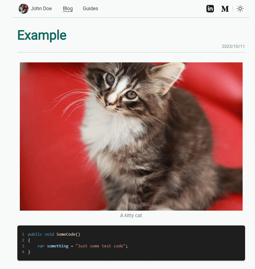 An example of a blog post page with image and code
